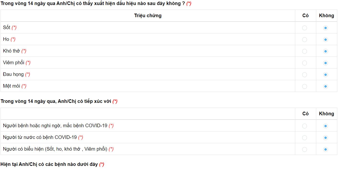 Khai báo y tế điện tử các triệu chứng bệnh (nếu có)