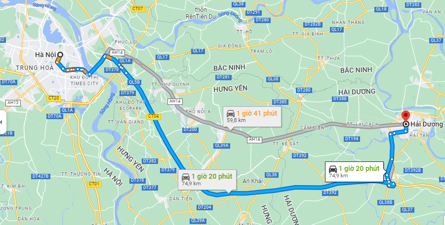 Khoảng cách từ Hà Nội đến Hải Dương theo số liệu từ Google Maps