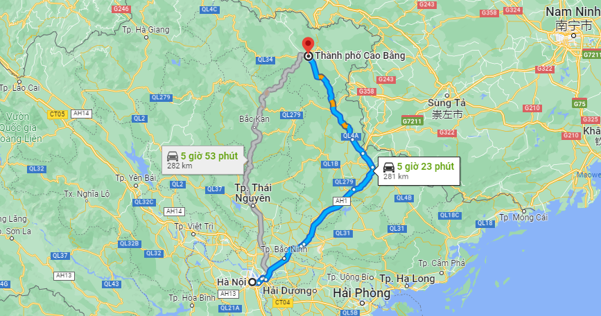 Theo Google Maps, khoảng cách từ Hà Nội đến Cao Bằng là 281km