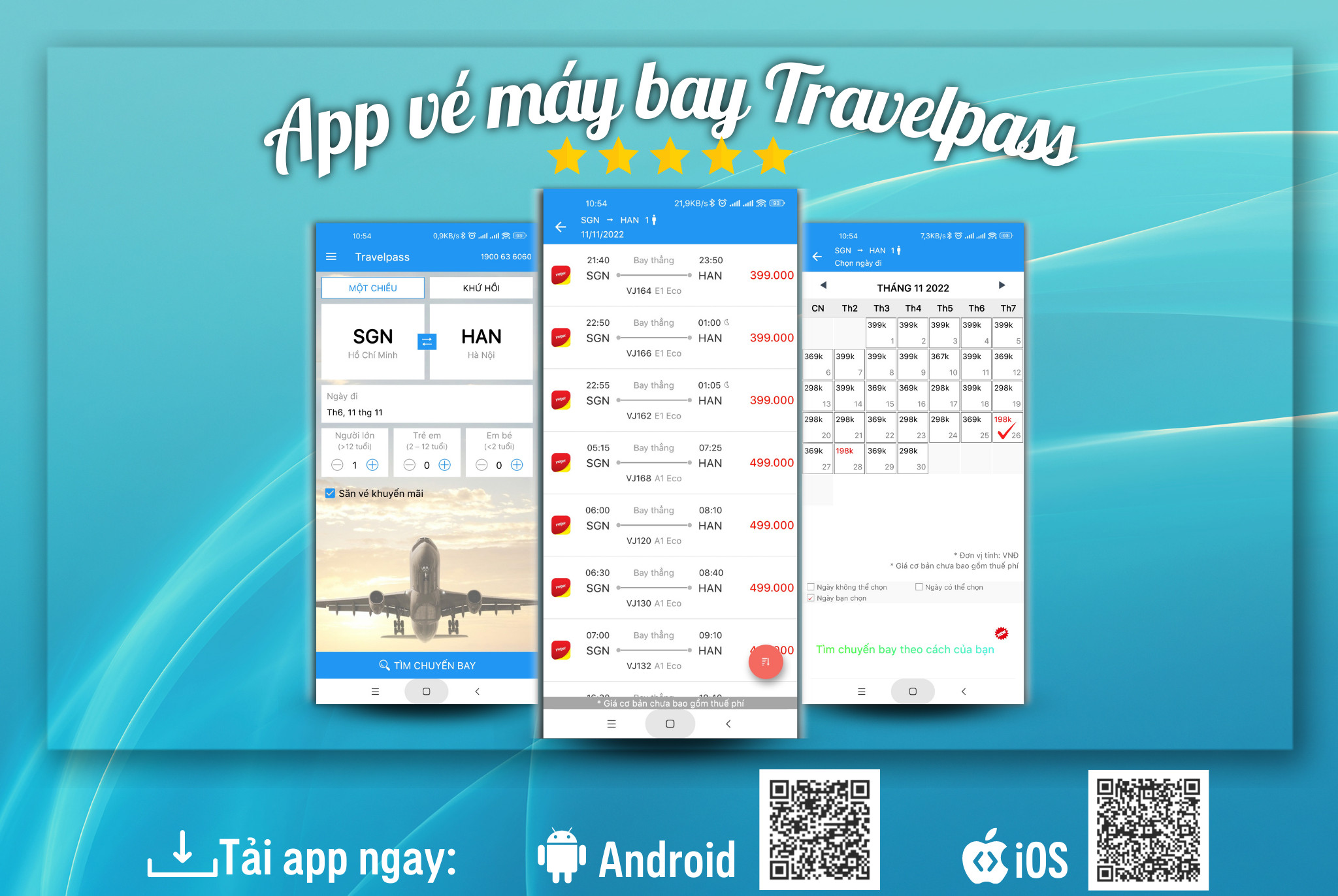 App vé máy bay giá rẻ Vietjet, Bamboo, Vietnam Airlines